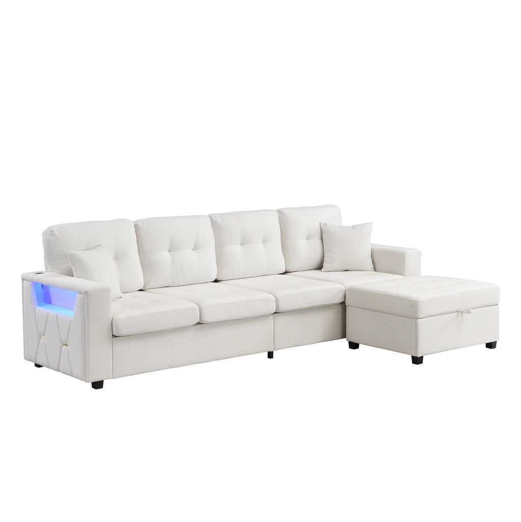 Divano angolare modulare a L con pouf contenitore; LED; USB e Type-C; beige; 253 cm
