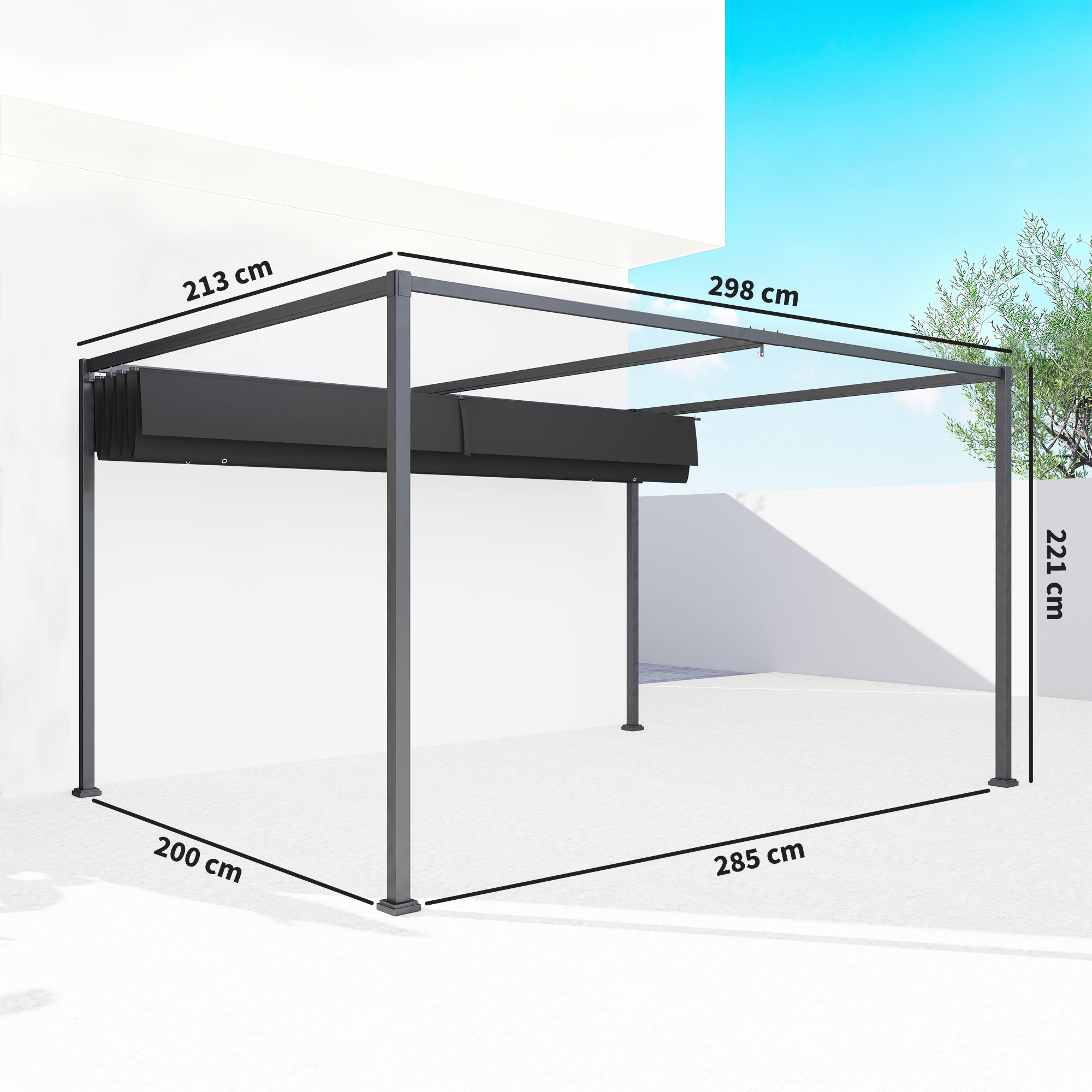 Pergola da Esterno 3x2,1 m con Tettuccio Retrattile in Metallo e Poliestere Nero