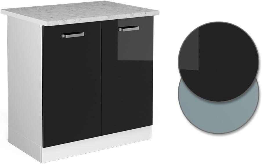 Mobile lavello cucina R-Line, Nero lucido, 80 cm, PL Marmo, per la libera combinazione all'interno di sistemi cucina modulari