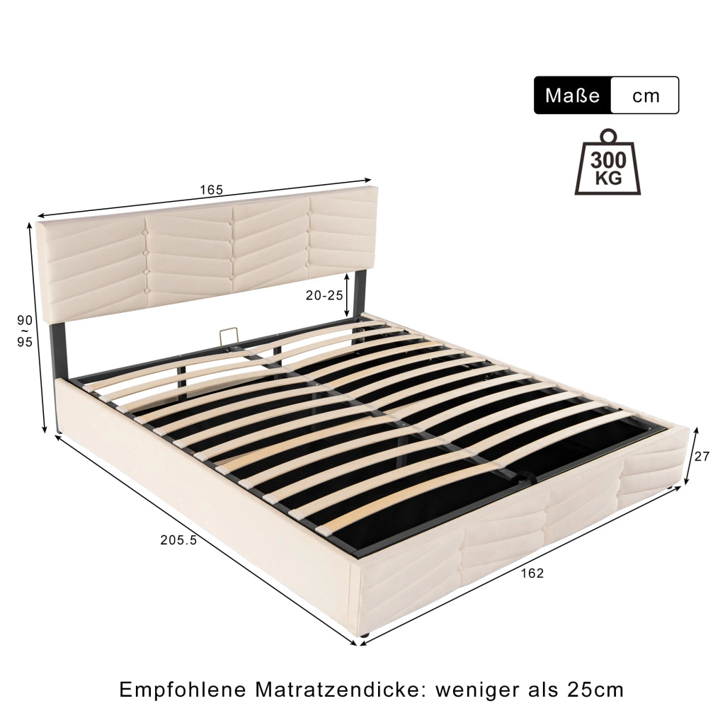 Letti contenitori 160x200 cm; contenitore idraulico e testiera regolabile; velluto beige (Senza materasso)