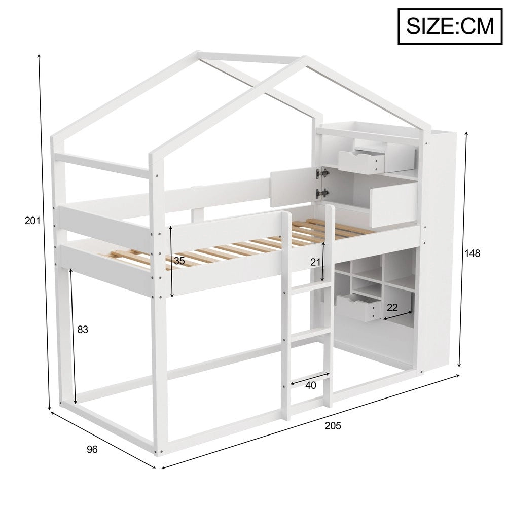 Letto a Castello Singolo con Contenitore ¨C MINIMAL ¨C Pino Bianco, Rete a Doghe, 90x200