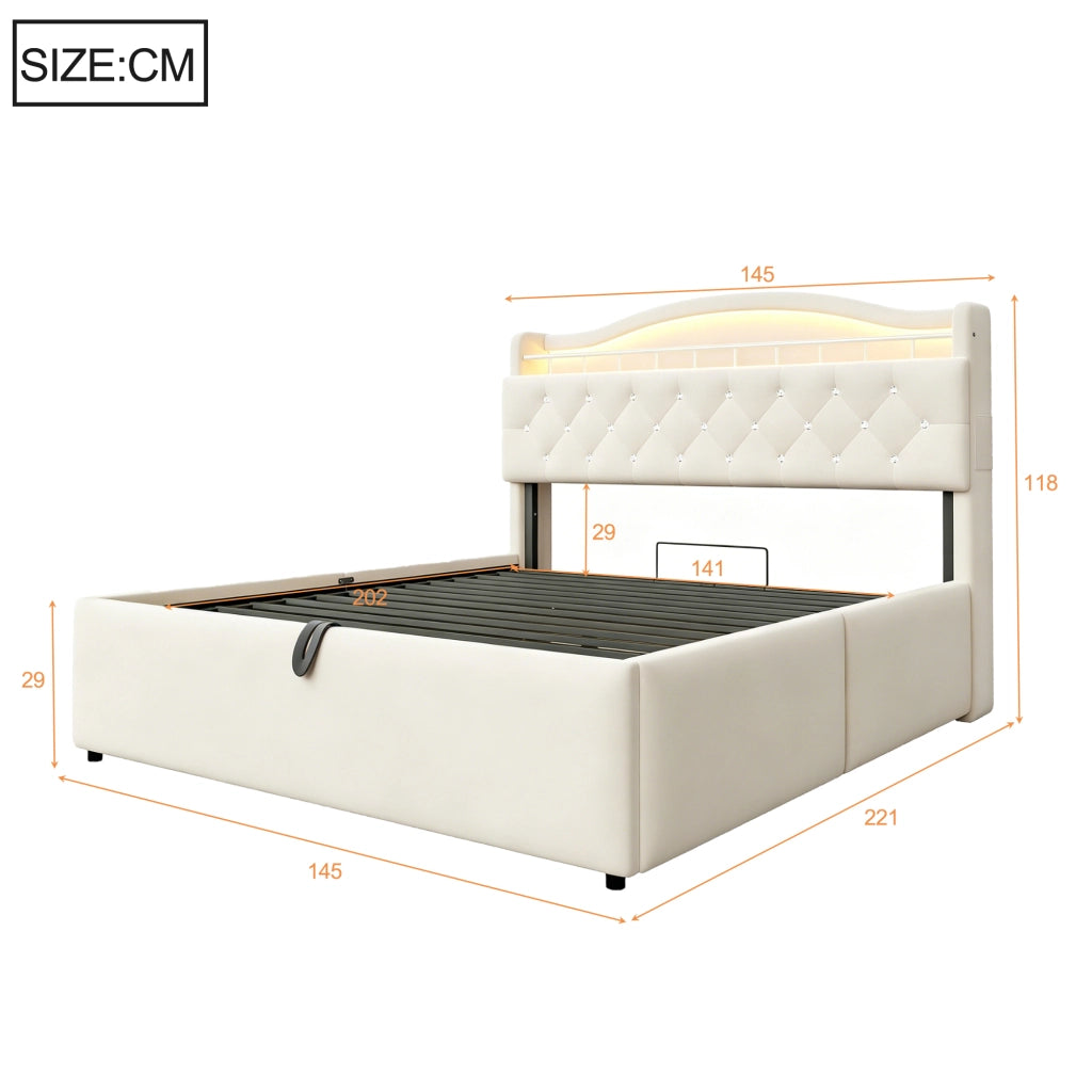 Letto contenitore 140 × 200 cm con sollevamento idraulico, USB e USB-C, vano testiera, senza materasso, beige