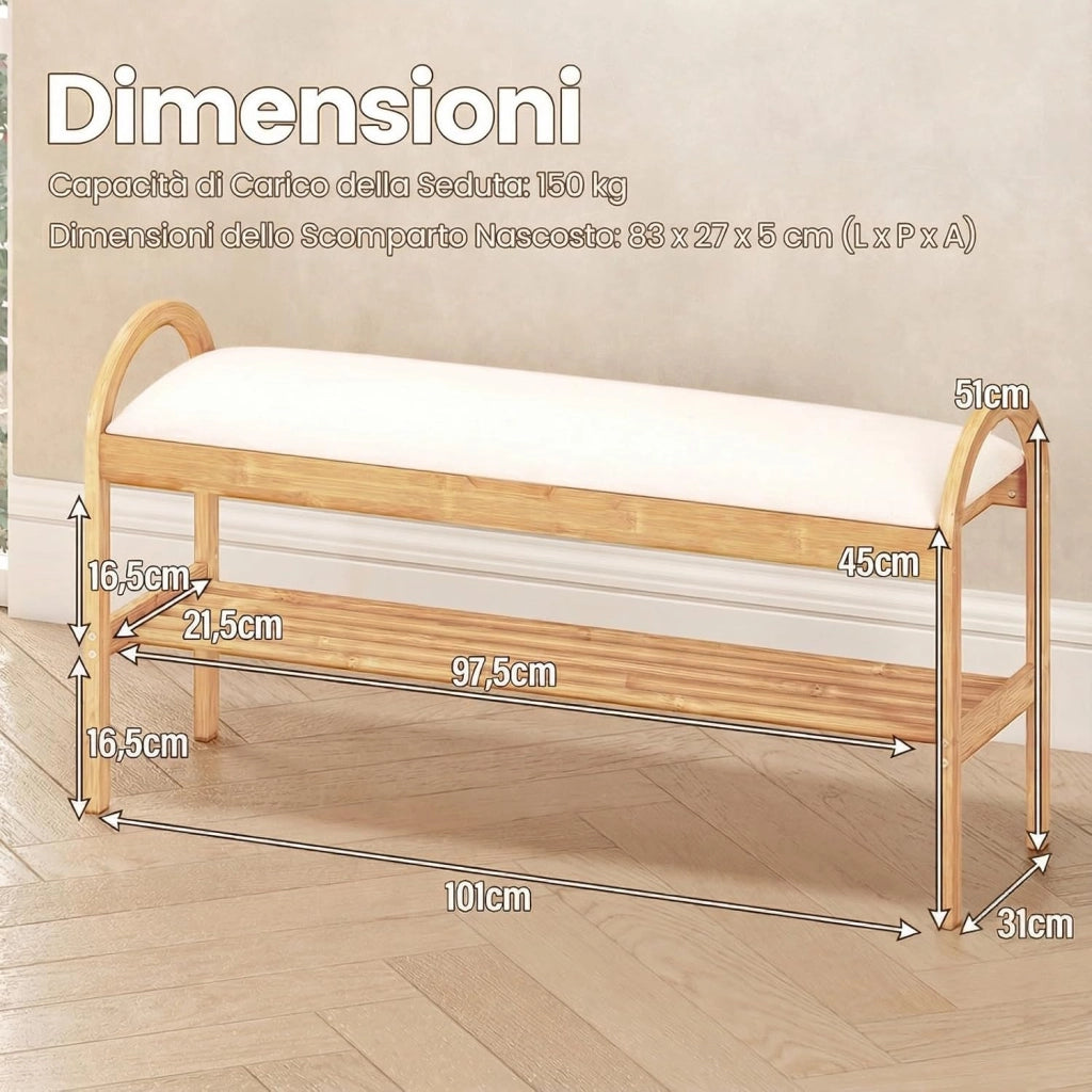 Scarpiera con Cuscino, Panca Porta Scarpe con Coperchio Imbottito a Ribalta, Scomparto Nascosto, Panca Imbottita per Ingresso Corridoio Camera da Letto, 101 x 31 x 51 cm (Beige)