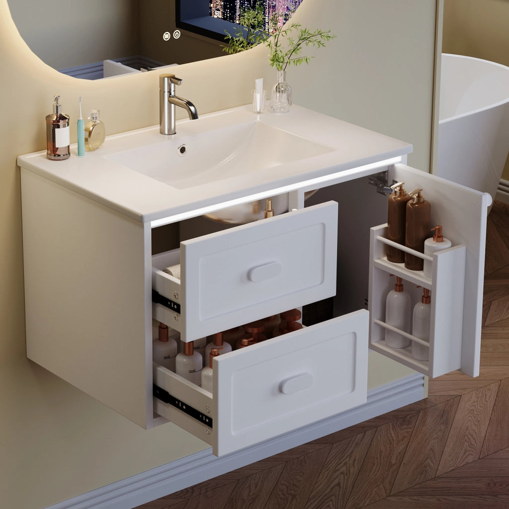 Mobile sottolavabo laccato in MDF con LED a sensore radar, 2 cassetti e 1 vano, per bagno, bianco, 76 × 46 × 51 cm