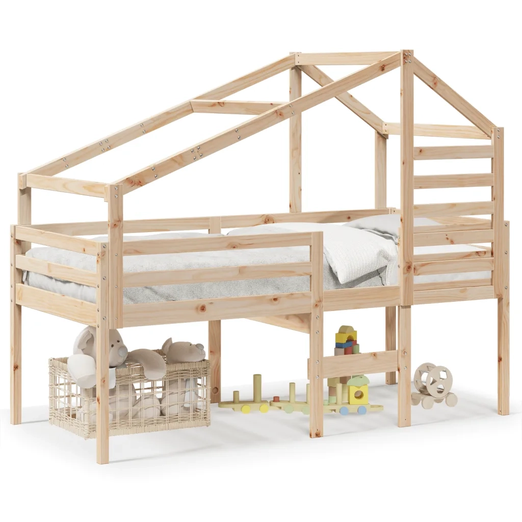 Letto a Soppalco con Tetto 90x190 cm Legno Massello di Pino