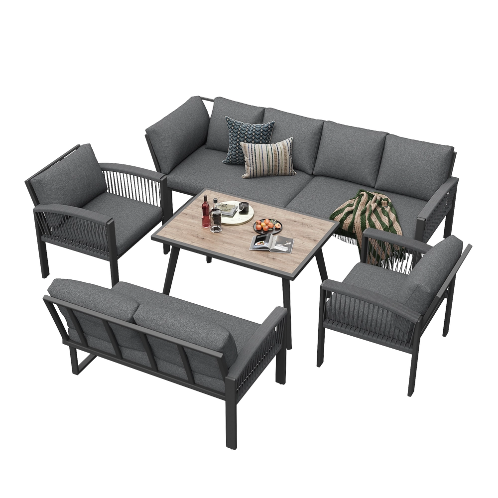 Set Lounge da Giardino 8 Posti con Tavolo ¨C Xylo ¨C Grigio, Corda, Piano Effetto Legno