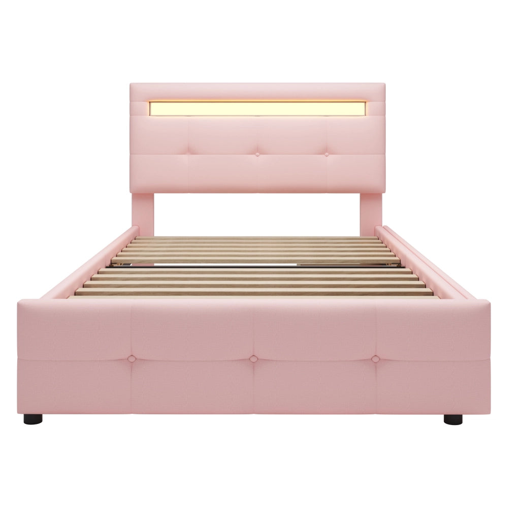 Letto singolo imbottito 90x200 cm con LED e 2 cassetti; rosa