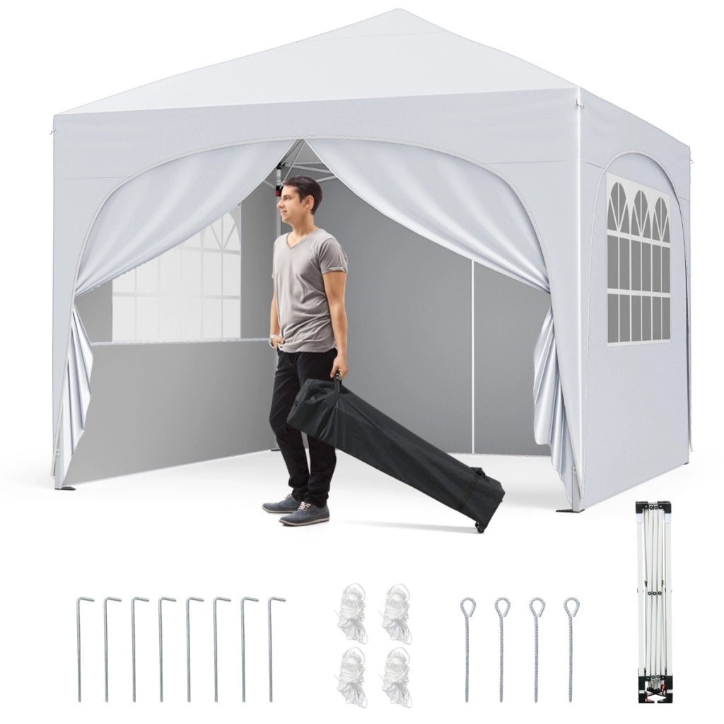 Tenda gazebo richiudibile con 4 pareti rimovibili 3x3 m borsa con ruote, Riparo sole da spiaggia pieghevole Bianco-Gazebo