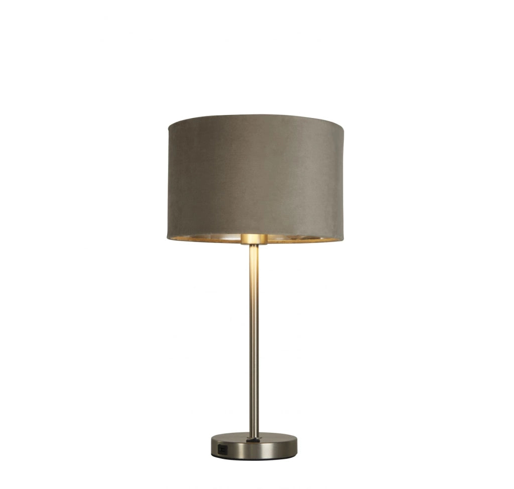 Lampada da tavolo USB Finn - Metallo nichel satinato e paralume in velluto tortora