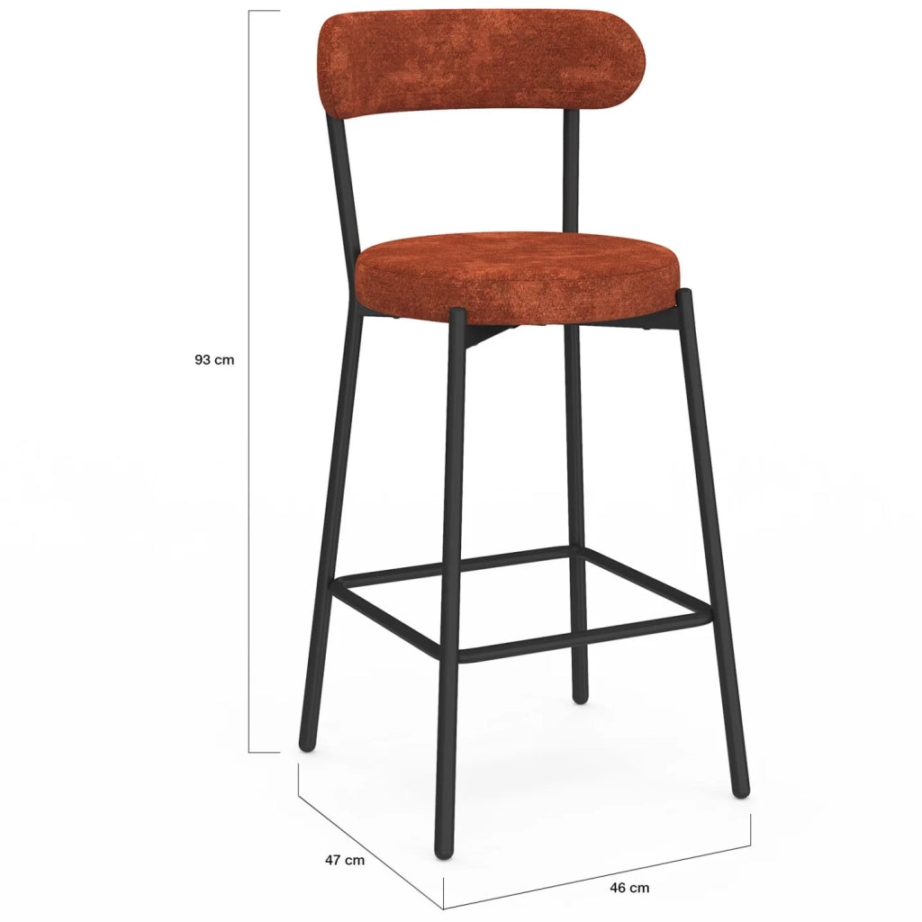 IDMarket - Set di 4 sgabelli da bar MIKI con schienale ricurvo in tessuto chenille color terracotta e gambe in metallo nero