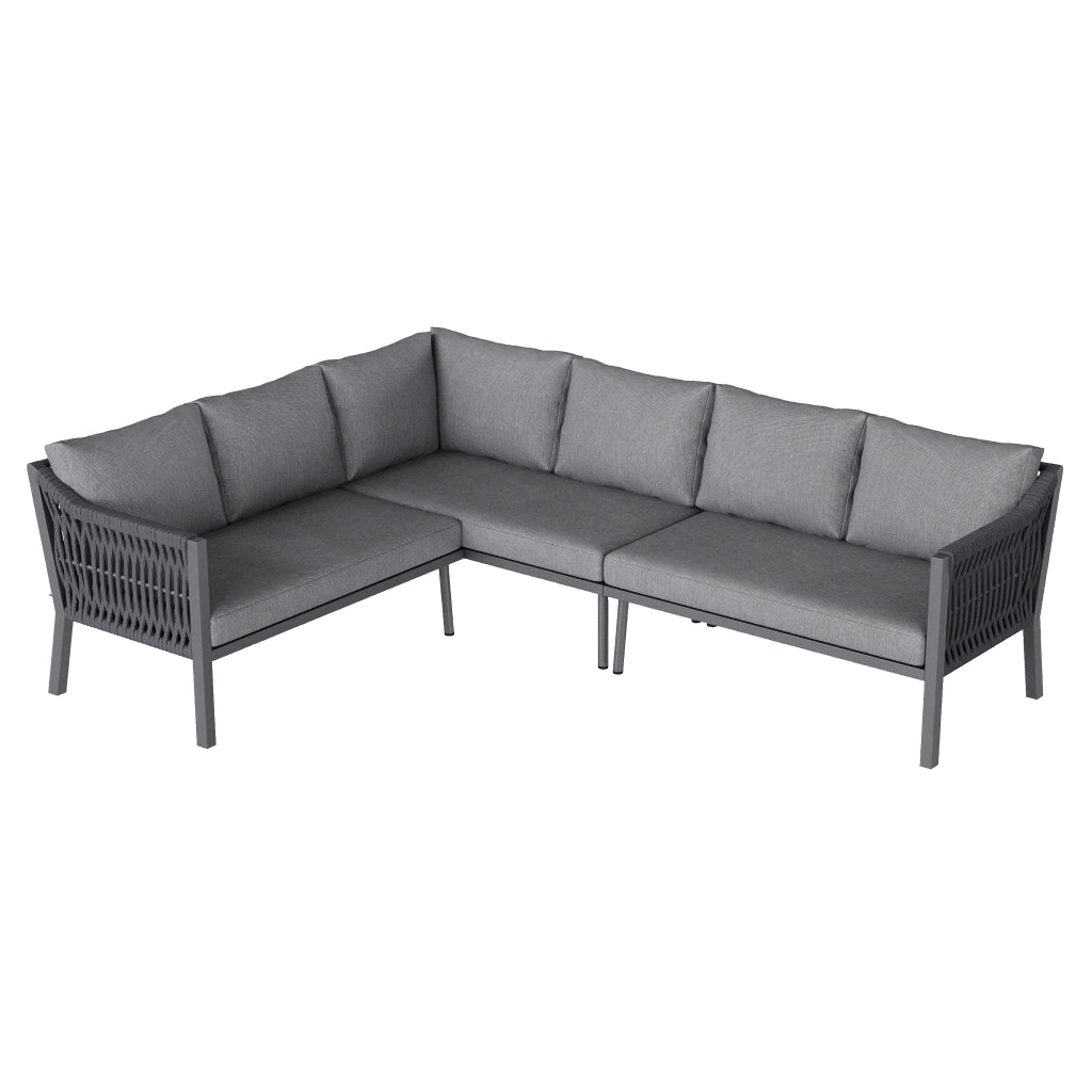 Set da Giardino 8 Posti con Tavolo, Divano Angolare e Poltrone ¨C MINIMAL ¨C Polyrattan Grigio, Piano in Vetro
