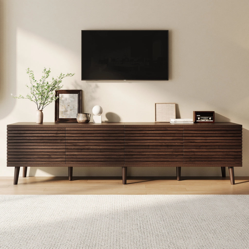 Mobile TV 180x40x46 cm per TV fino a 75 pollici, 4 ante a griglia, 6 vani interni, colore noce, MDF e truciolare