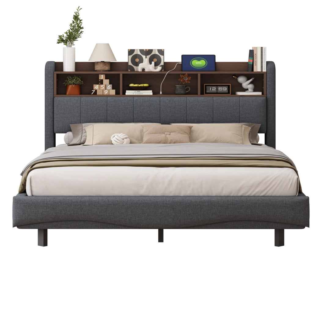 Letto imbottito sospeso 160x200 cm con LED; porte USB e Type-C; grigio