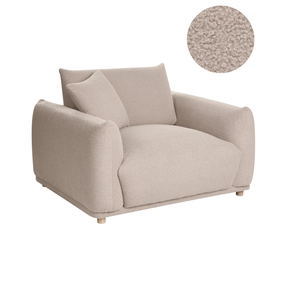 Poltrona beige in bouclé con rivestimento in tessuto e gambe in legno massello, per il soggiorno, con braccioli, in stile moderno