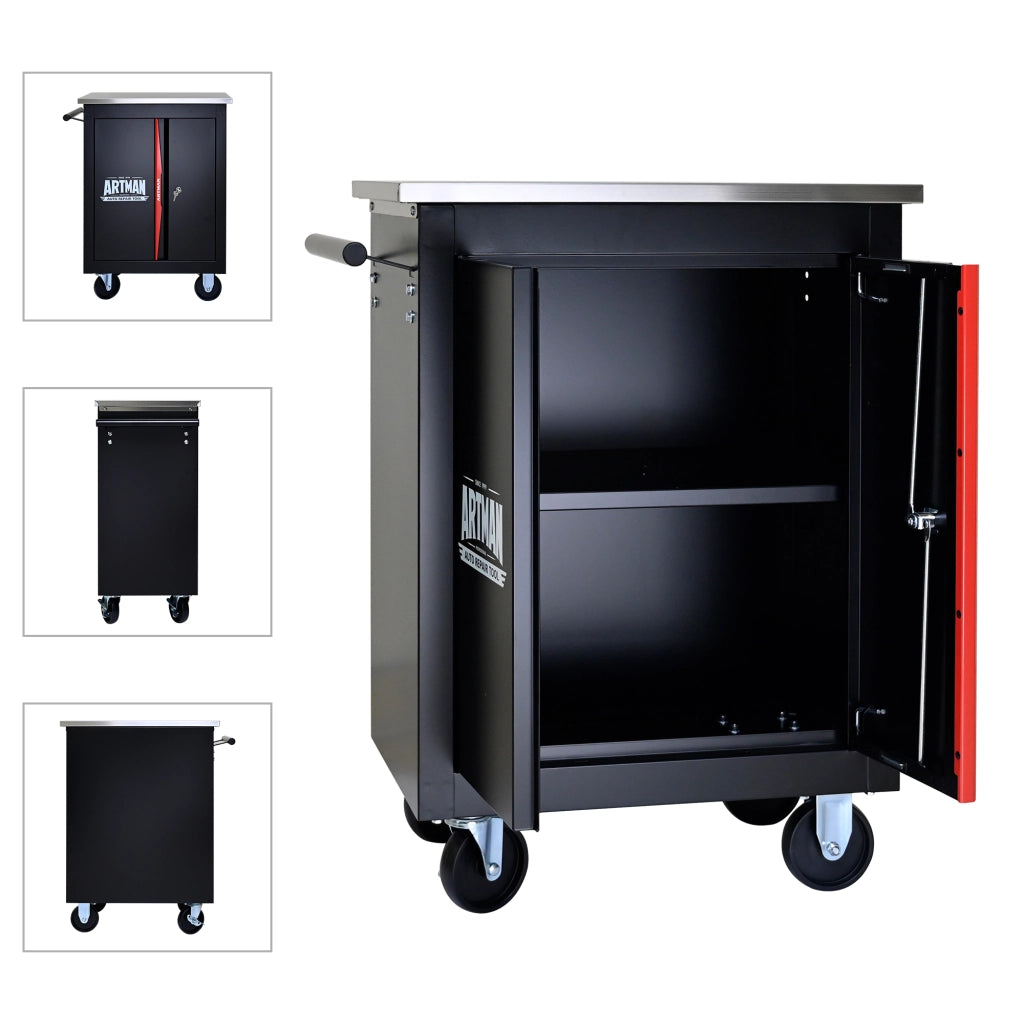Carrello porta utensili a doppia anta con 4 ruote e serratura in acciaio nero e rosso 62,5 × 34,5 × 78 cm