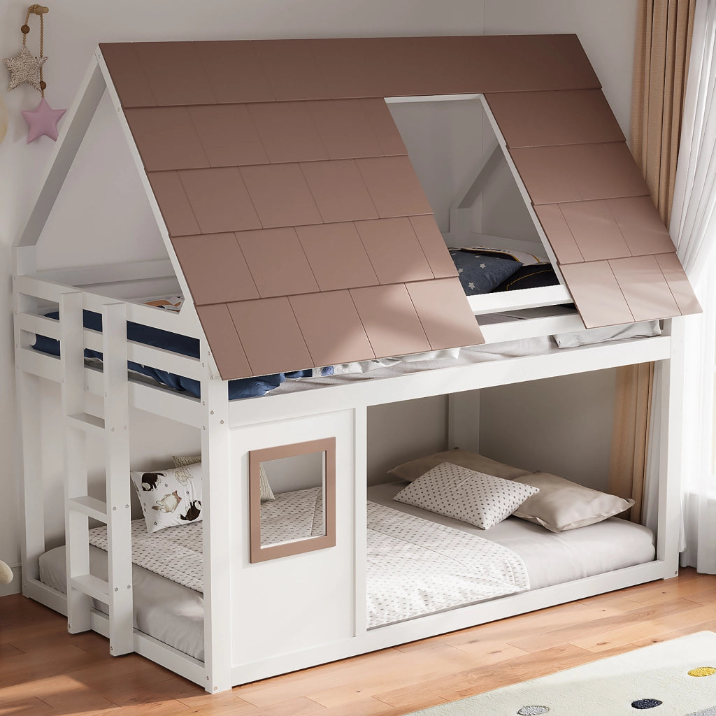 Letto a castello a casetta 140x200 cm bianco e marrone