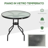 Tavolino da Giardino con Piano in Vetro Temperato e Foro per Ombrellone Acciaio Ф80 x 72 cm Nero