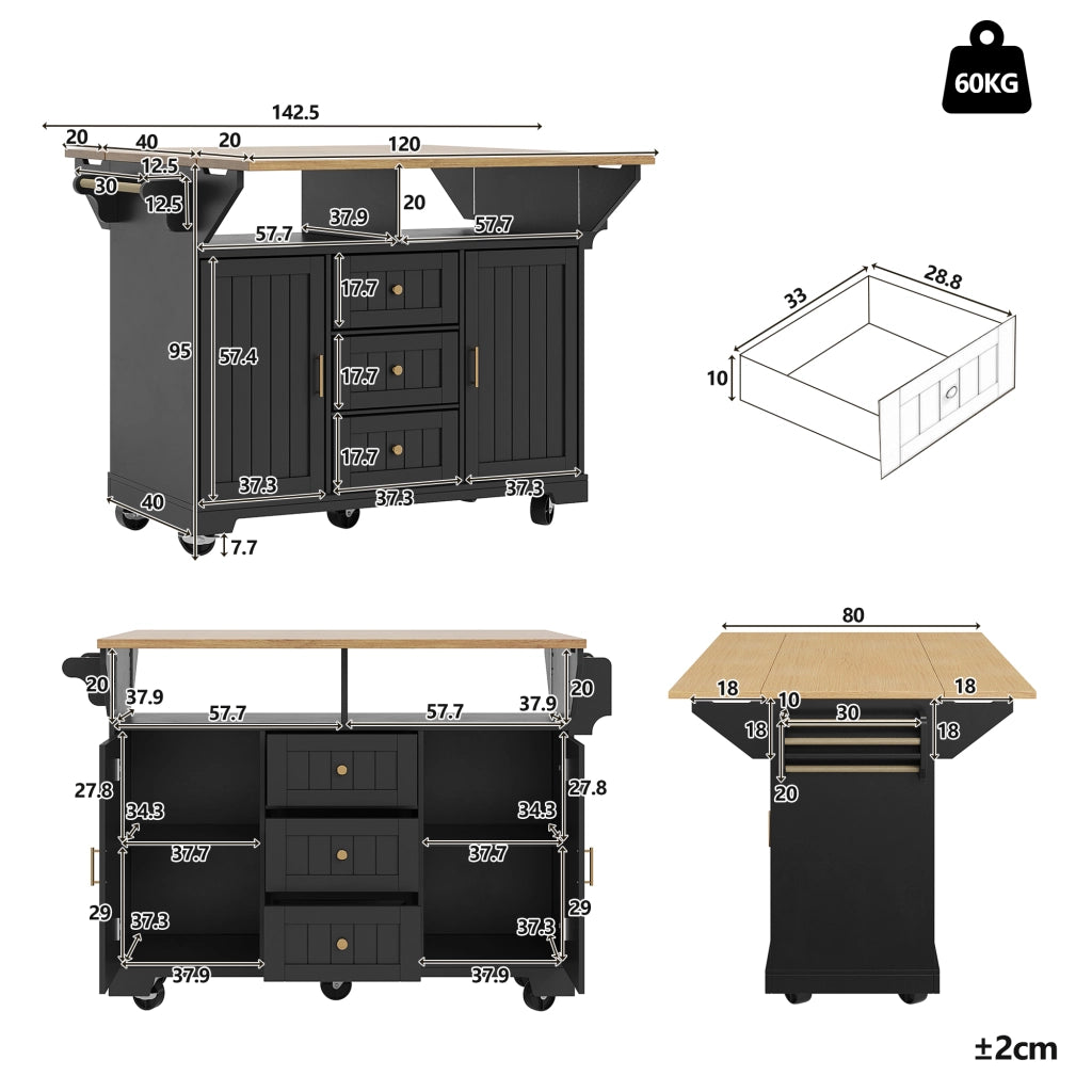 Carrello da Cucina con 2 Ante e 3 Cassetti; Piano Pieghevole; in MDF e Metallo; 120x40x95 cm; Nero