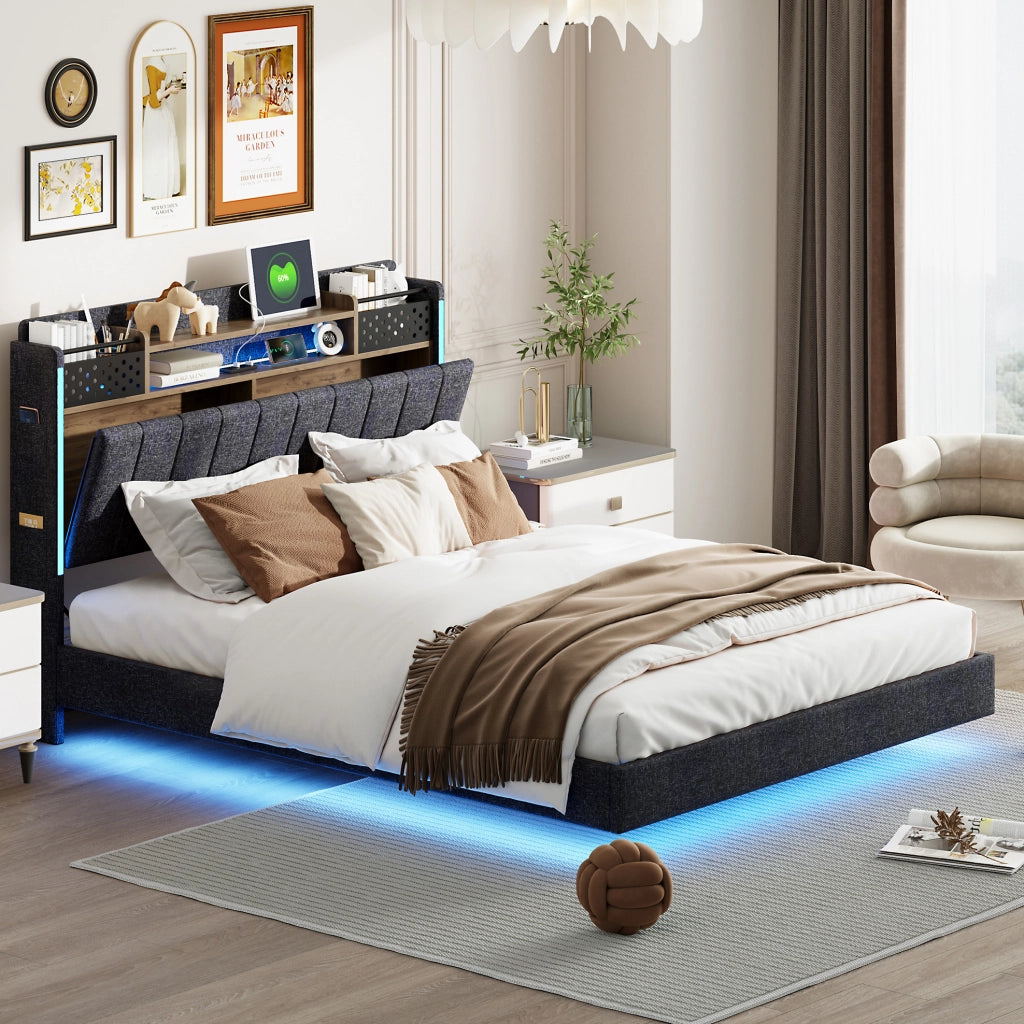 Letto imbottito 140x200 cm con USB e LED; lino; grigio (Senza materasso)
