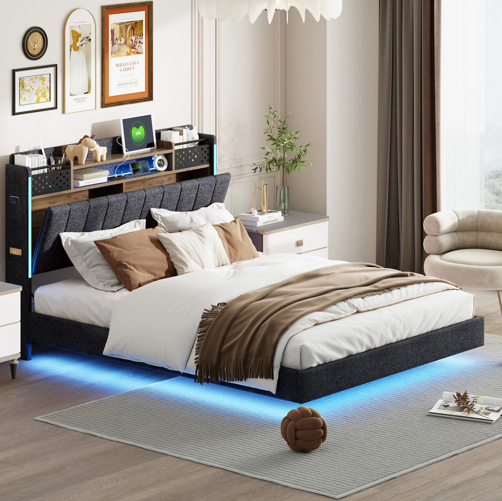 Letto imbottito 140x200 cm con USB e LED; lino; grigio (Senza materasso)