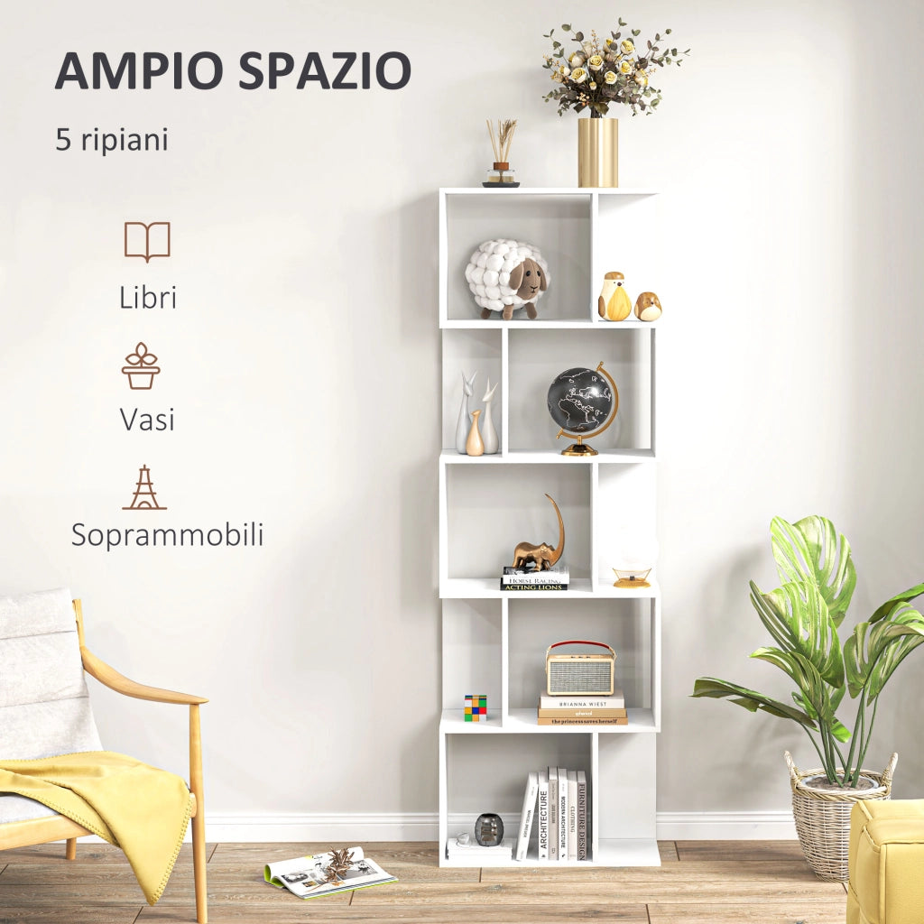 Mobile Libreria in Legno a 5 Ripiani con Divisorio, 60x24x184.5 cm, Bianco