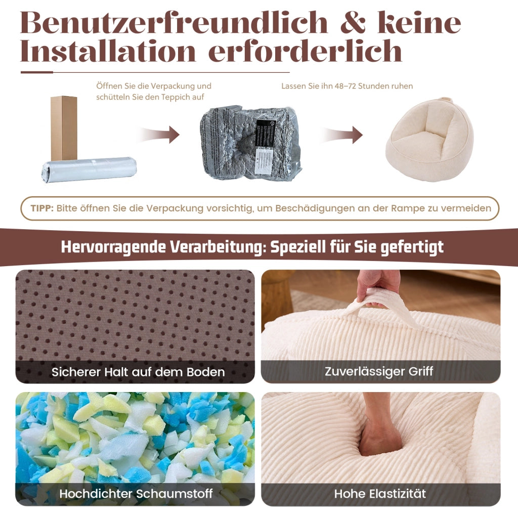 Pouf ergonomico con schienale e imbottitura in schiuma memory rivestimento in velluto a coste beige per relax