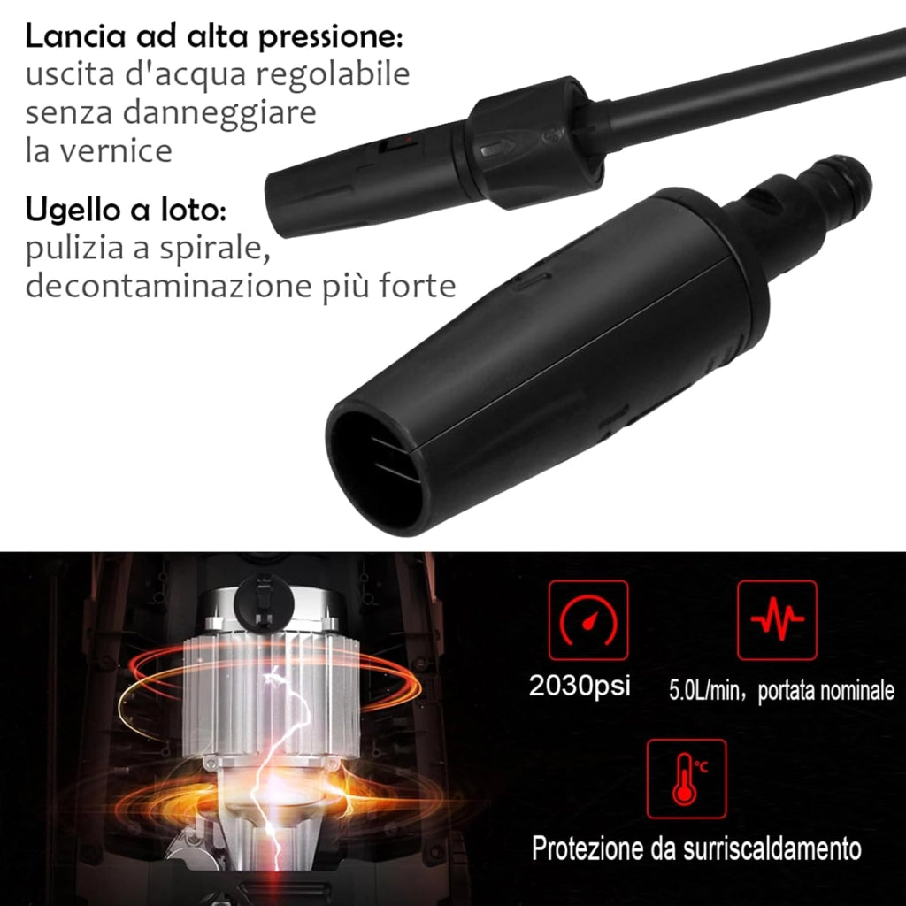 Idropulitrice con 2030 PSI, 5L / Min Idropulitrice Portatile con Ugello Lotus e Ugello ad Alta Pressione, Cavi e Tubi Più lunghi, Adatto per La pulizia di Giardini, Auto,Case (rosso)