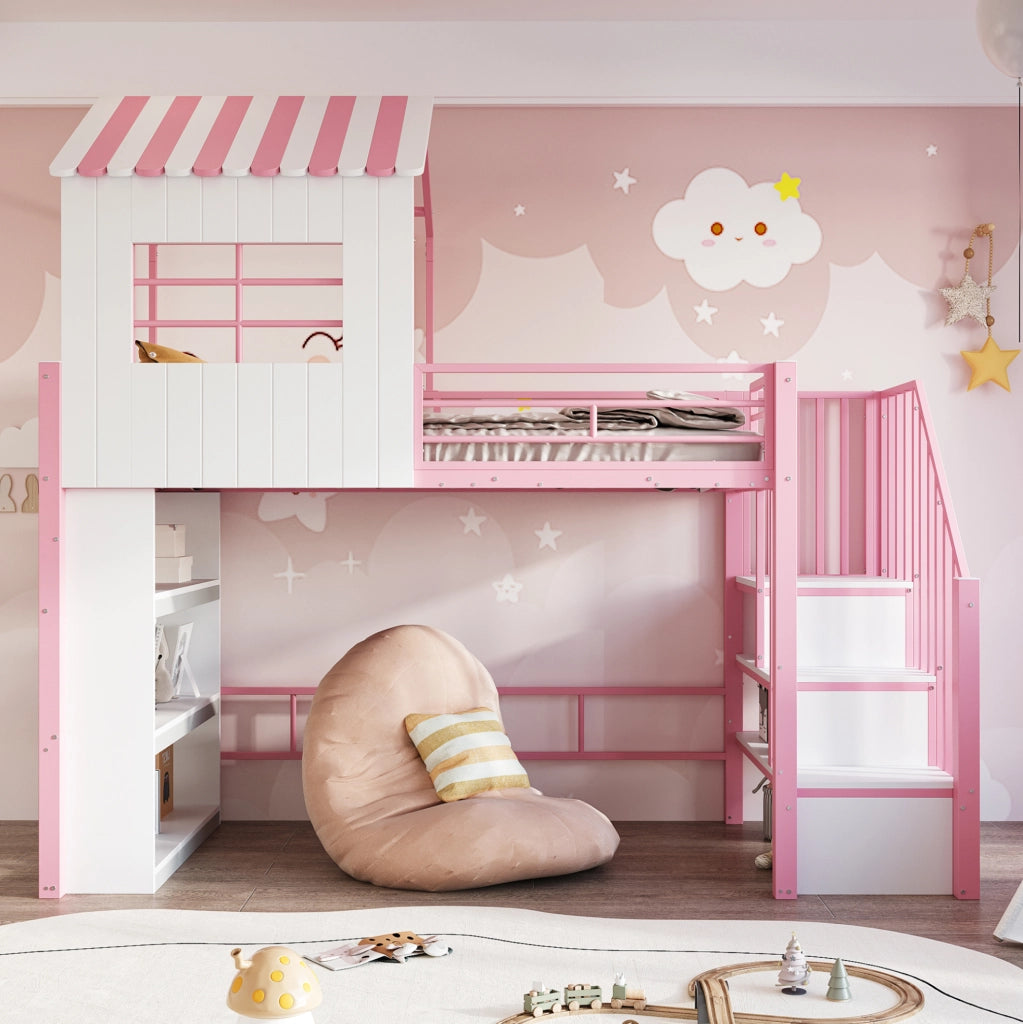 Letto a soppalco 90x200 cm rosa con scala contenitore e scaffale, struttura in metallo e MDF
