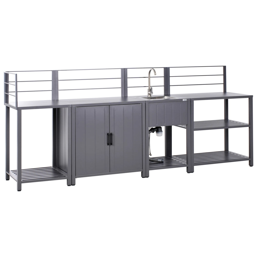 Set di 4 pezzi per cucina all'aperto Grigio Alluminio Armadio di stoccaggio Isola Lavello Stazione di cucina all'aperto
