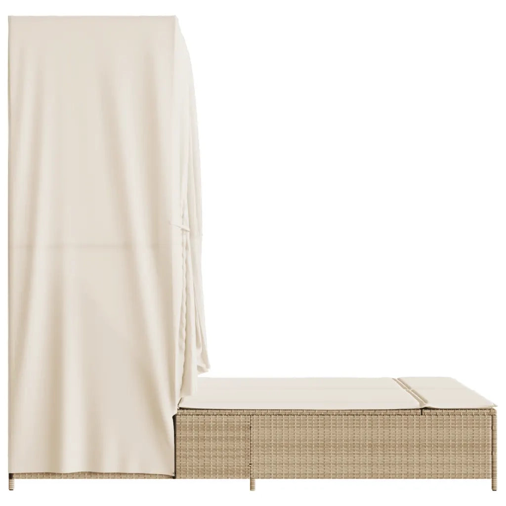 Lettino Prendisole | Sdraio da giardino | Lettino da sole con Tetto e Tende Beige in Polyrattan