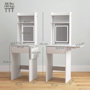 Trucchi con specchio e luci LED ¨C Minimal ¨C MDF bianco, piano pieghevole, ripiani, cassetto
