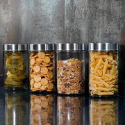 Set 4 Bicchieri di Stoccaggio in Vetro, 0,9 L (17x10cm). Bicchieri in Vetro a Borosilicato con 201 Coperchio in Acciaio Inossidabile. Bicchieri da Cucina in Vetro.