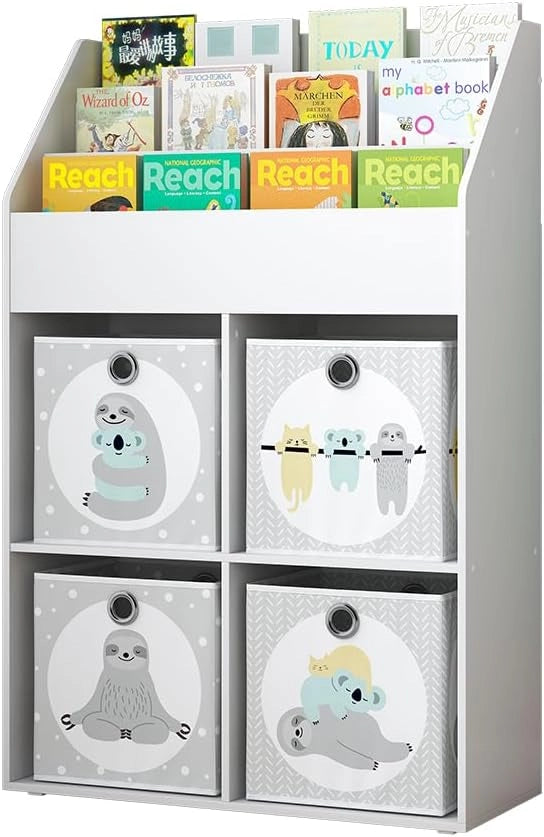 Libreria bambini Conny, Bianco, 72 x 111 cm con 4 ripiani per scatole pieghevoli, adatto per riporre giocattoli e libri