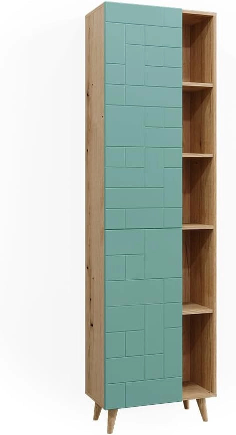Armadio per il bagno Rudi, Verde menta, 56 x 193 cm con ante e vani a giorno, con meccanismo push-to-open e struttura combinabile