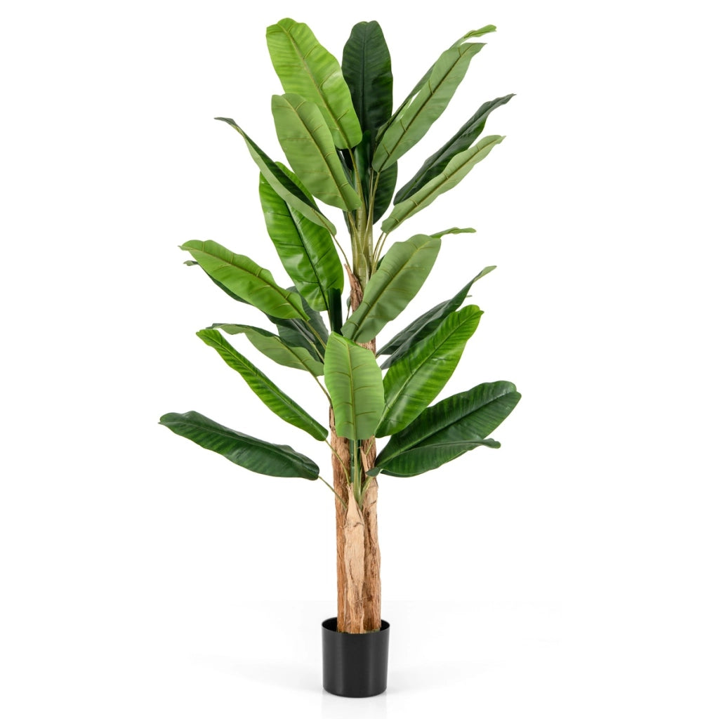 Albero di banana finto con grandi foglie e vaso, Albero di banana artificiale con corteccia naturale alto 195 cm-Piante artificiali