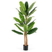 Albero di banana finto con grandi foglie e vaso, Albero di banana artificiale con corteccia naturale alto 195 cm-Piante artificiali
