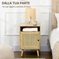 Set 2 Comodini in Stile Boho con Armadietto e Ripiano Aperto, in Truciolato, Rattan e MDF, 39x35x60 cm