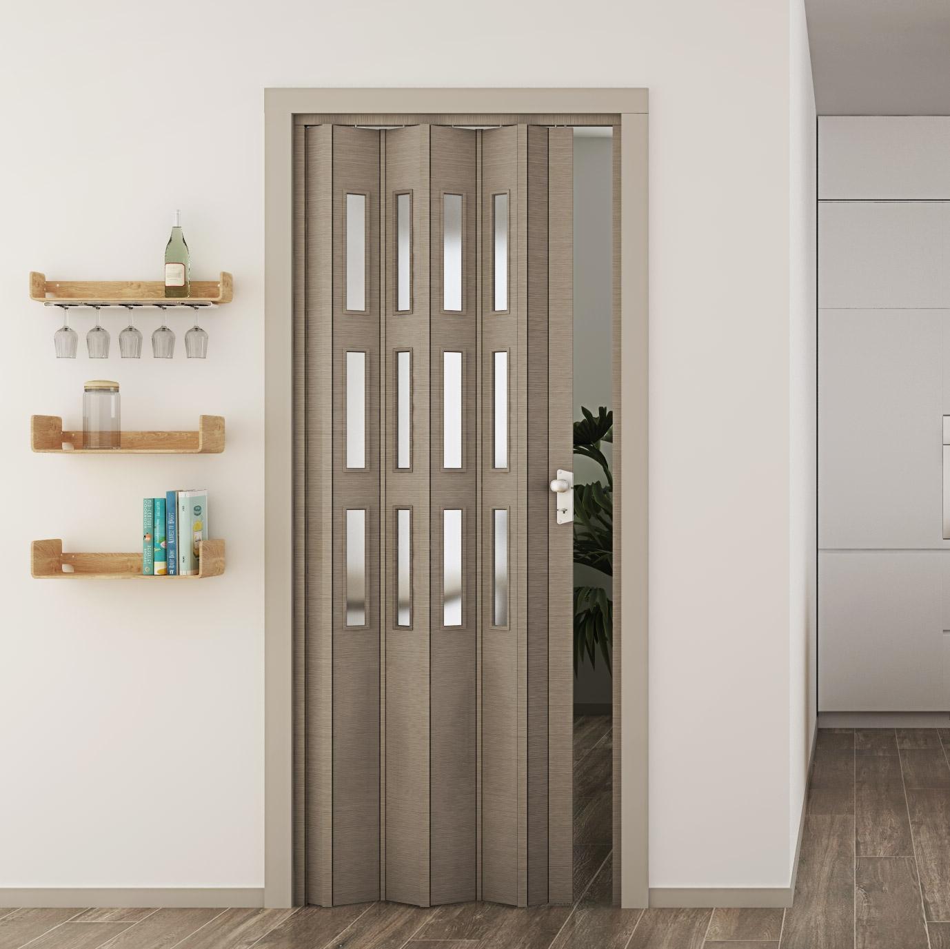 Porta a Soffietto da Interno 88,5x214 cm in PVC con Vetro Florance Rovere Tortora