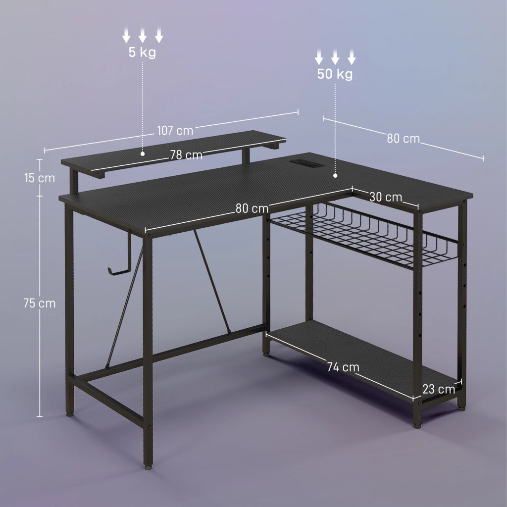 Scrivania angolare ¨C Minimal ¨C Nero, LED, USB, regolabile, 107x80x90cm