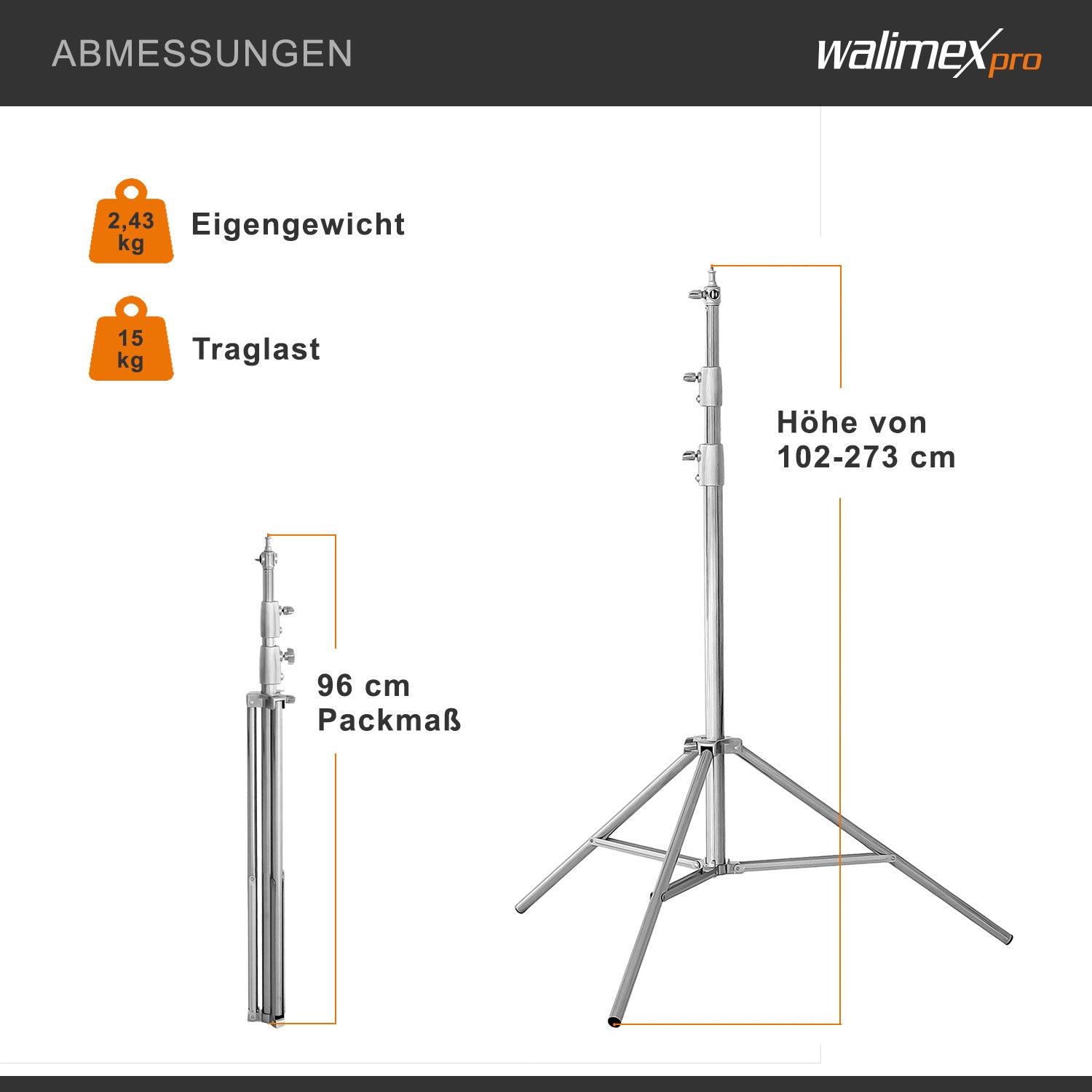 Walimex Pro Heavy Duty Stativo per luci in acciaio inox, max 15 kg, Cavalletto fotografico con altezza regolabile fino a 270 cm, spigot 1/4" e 3/8", per foto e video