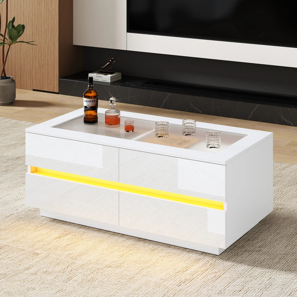 Tavolino basso con 4 cassetti e LED integrato piano in vetro temperato frontali lucidi bianco 100 × 50 × 40 cm