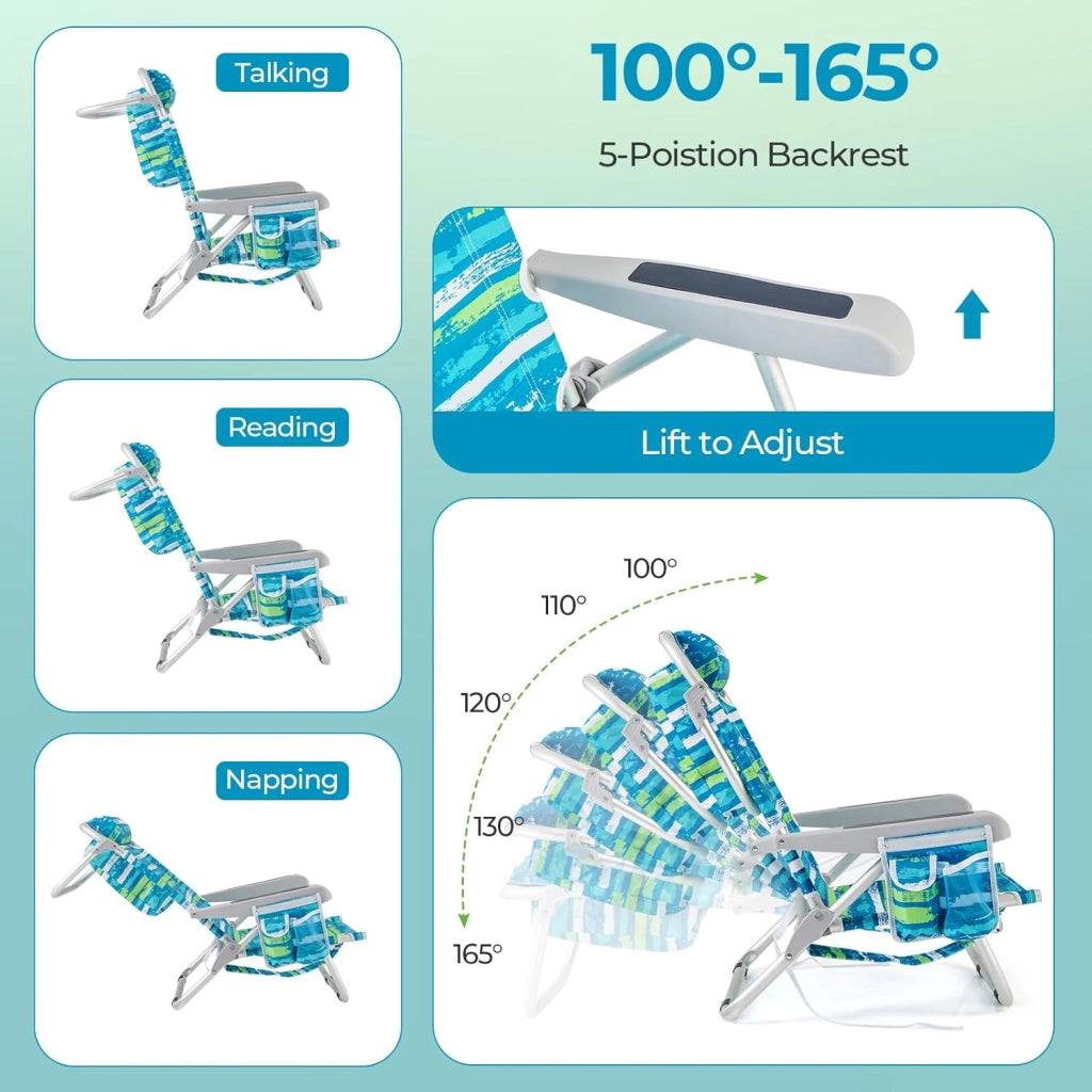 Sedia da Spiaggia Pieghevole, Spiaggina con Schienale Regolabile in 5 Posizioni, Sdraio Mare con Poggiatesta, Lettino Prendisole con Tasca Laterale, Carico 150 kg (Blu+Verde*2)