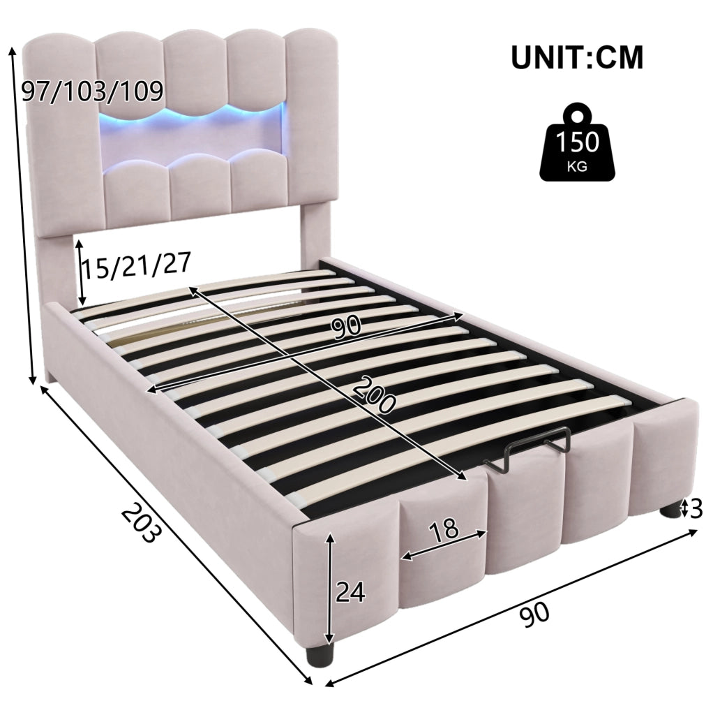 Letto imbottito 90x200 cm in velluto rosa con contenitore; LED multicolore e testiera regolabile