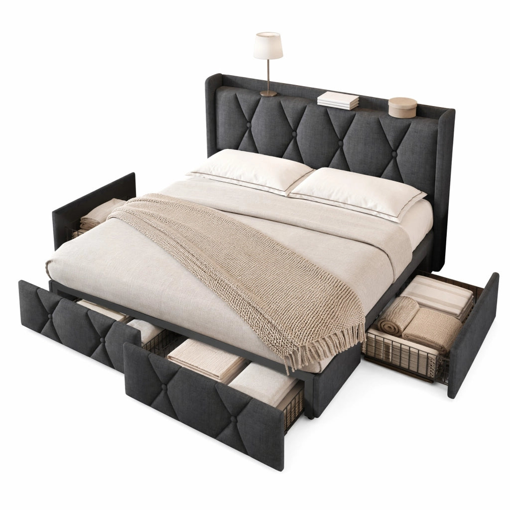 Letto contenitore matrimoniale 140x200 cm in tessuto grigio con 4 cassetti, testiera con prese e USB, senza materasso