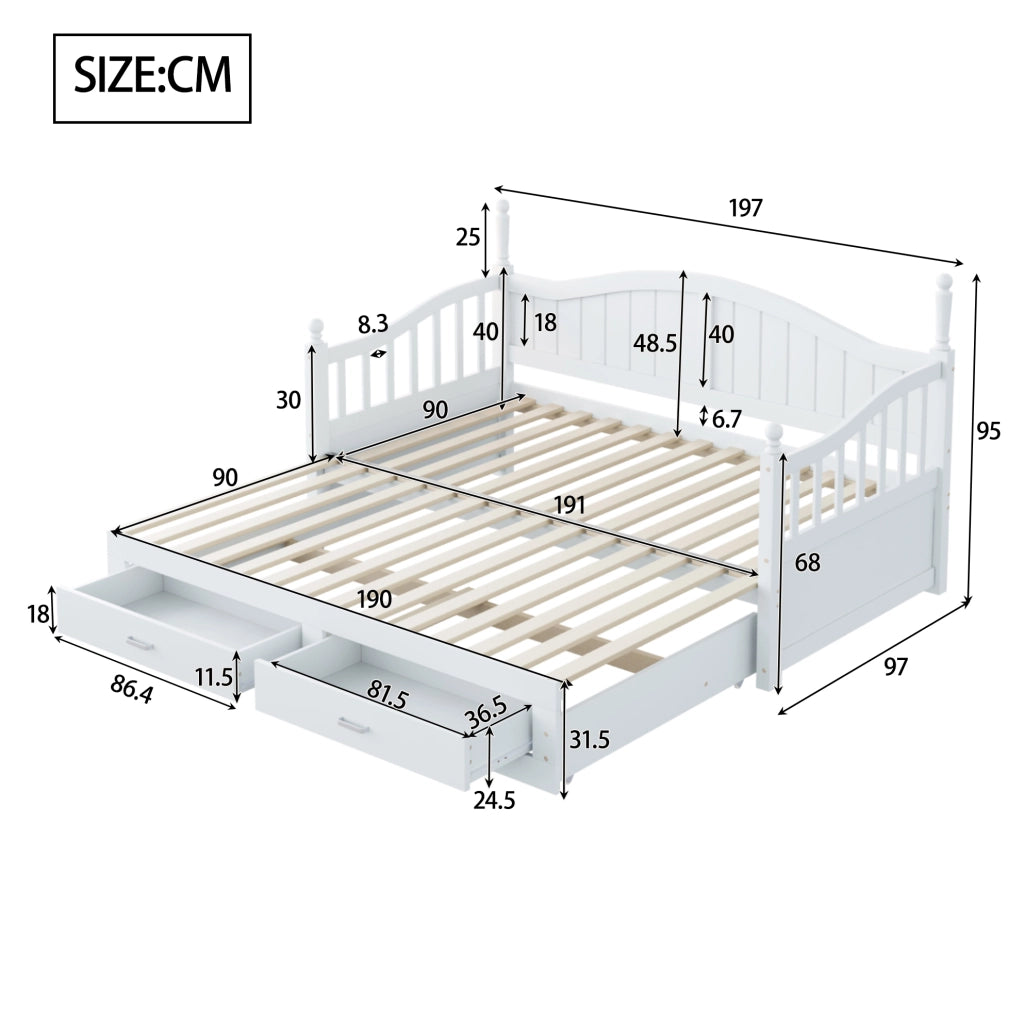 Divano letto estraibile in legno bianco 90x190 cm
