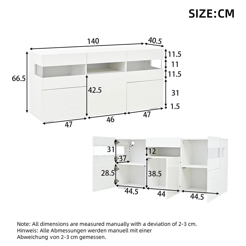 Credenza Soggiorno 140x40.5x66.5cm - Xylo - 3 Ante Lucide con LED, 7 Scomparti, Bianco