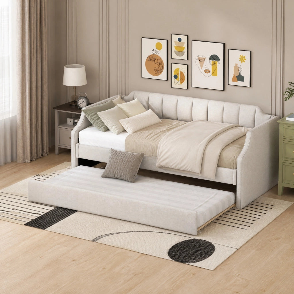 LETTO Singolo imbottito 90x200 cm con letto estraibile Beige