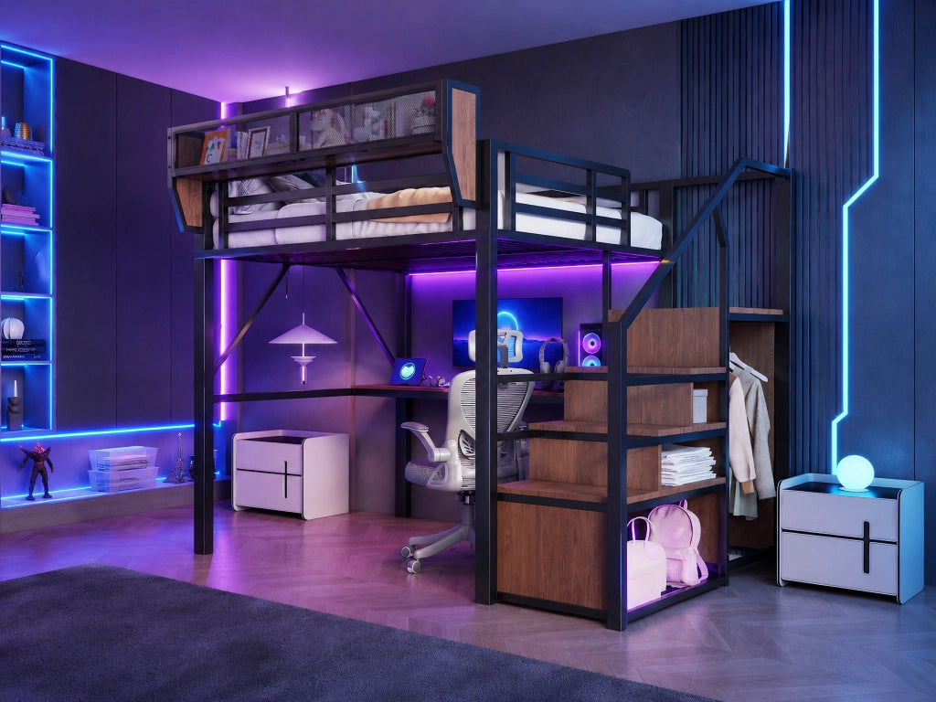 Letto a soppalco 140 × 200 cm con scrivania lunga, LED, scaffale regolabile et scala di sicurezza, senza materasso