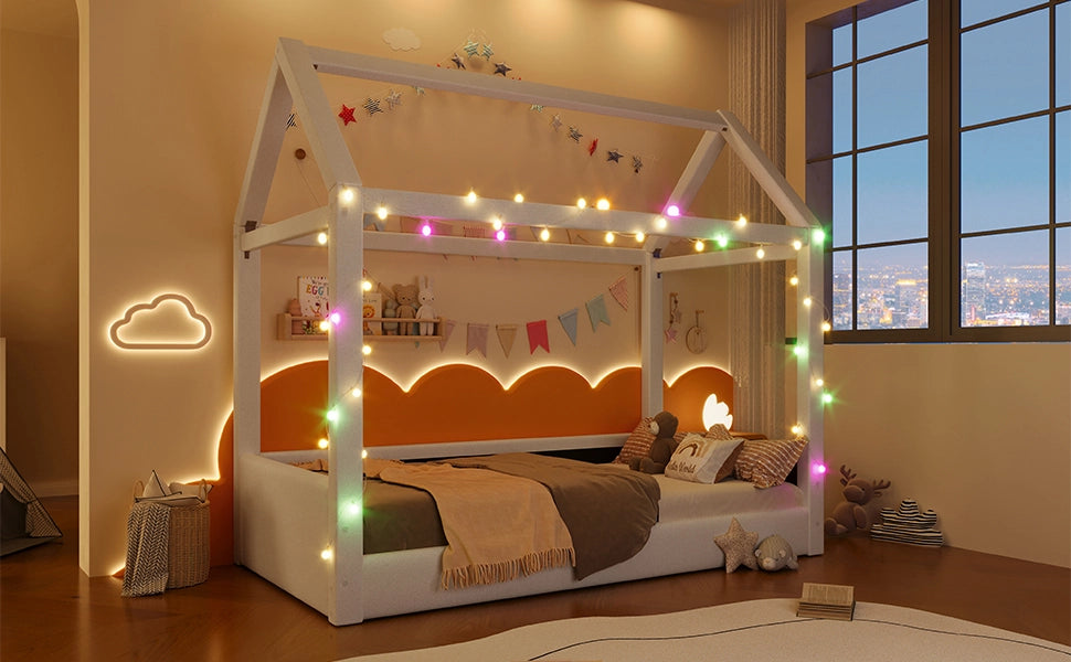Letto a giorno con luci LED in MDF beige 90x200 cm
