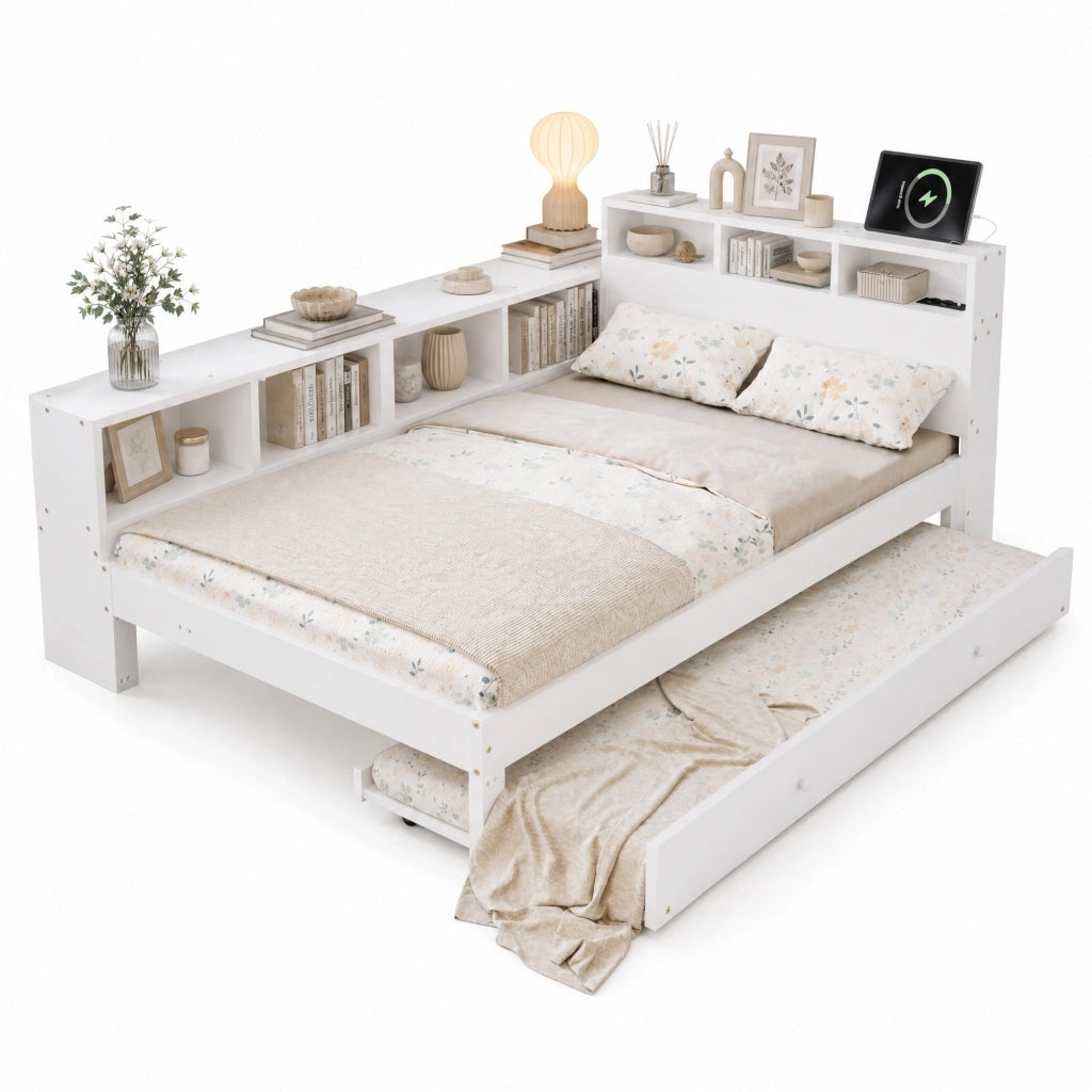 Letto Estraibile 120x200 cm e 90x190 cm - Scaffale Laterale e Ricarica - in Legno - Bianco